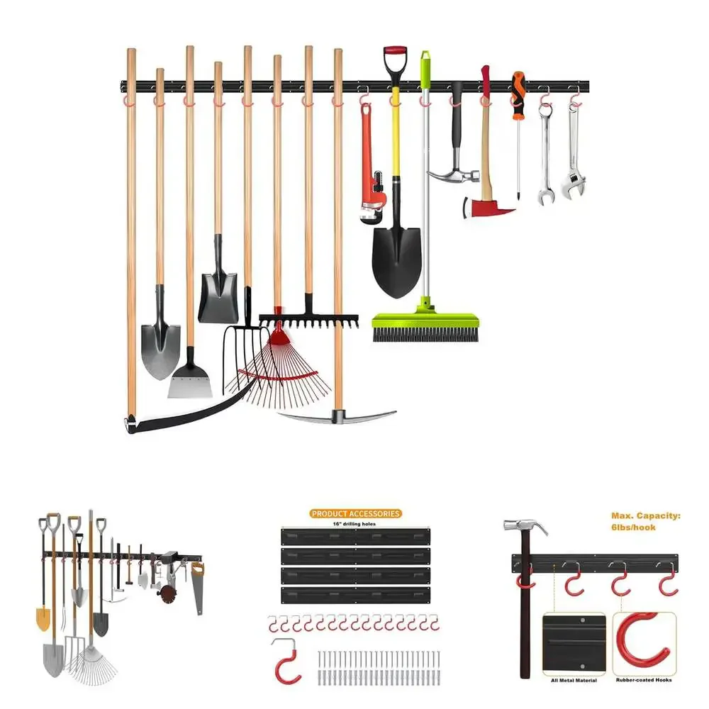 All Metal 64 Inch Wall Mount Garden Tool Organizer Garage Storage Rack With